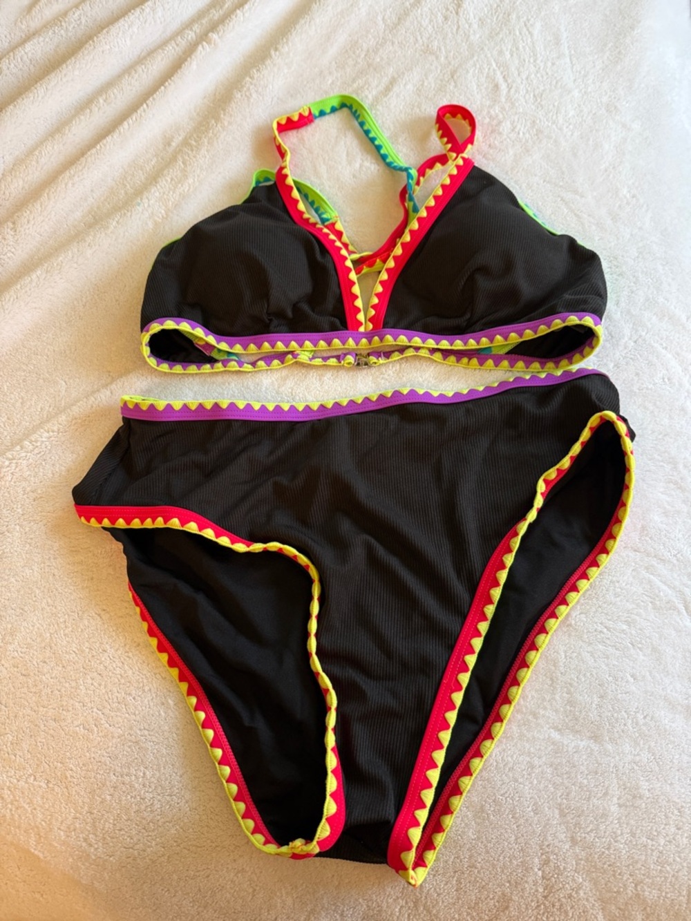 NWT 🌸 Popvil Black High-Waist Bikini Set with Neon Trim Size XL